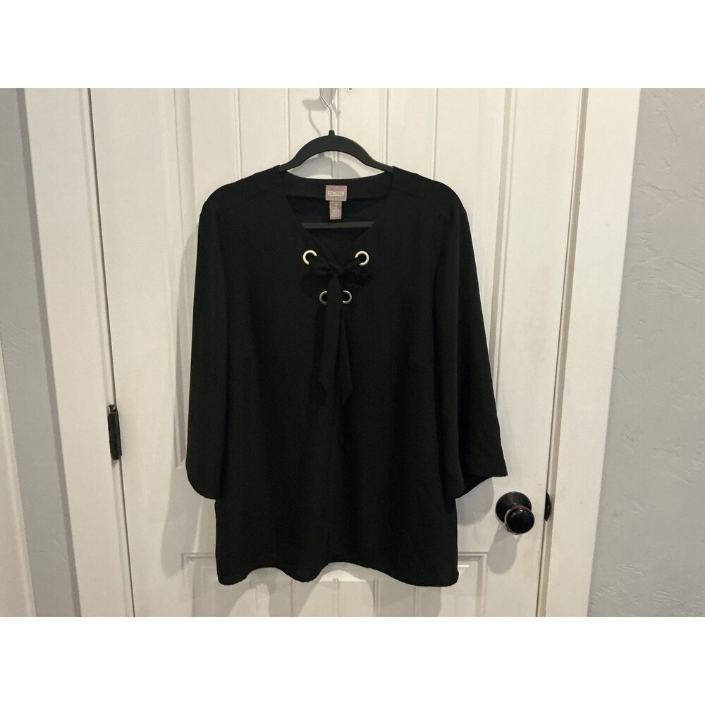 Chico’s Size 3 XL Black Tunic Top Gold Grommet Lace Up 3/4 Sleeve V Neck